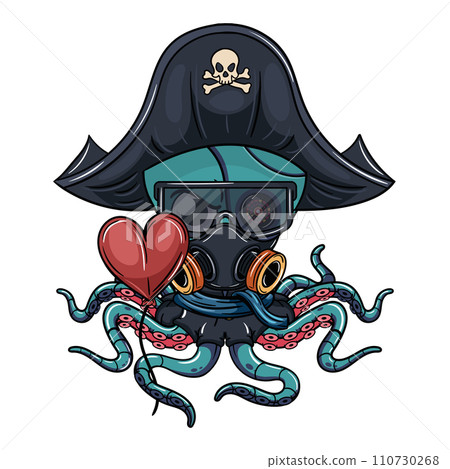 Octopus cartoon cyborg comic angry pirate with glasses and gas mask with a heart balloon in his robotic tentacle. Illustration for fantasy, science fiction and adventure comics 110730268