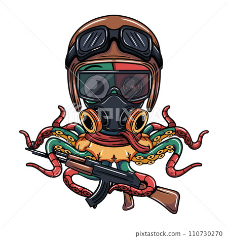 Octopus cartoon cyborg comic aircraft pilot with gas mask and a shotgun in his robotic tentacle. Illustration for fantasy, science fiction and adventure comics 110730270