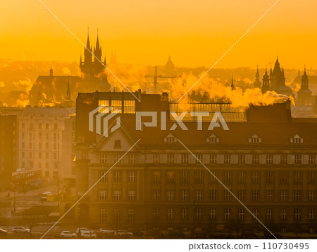 Winter frosty morning in old Prague 110730495