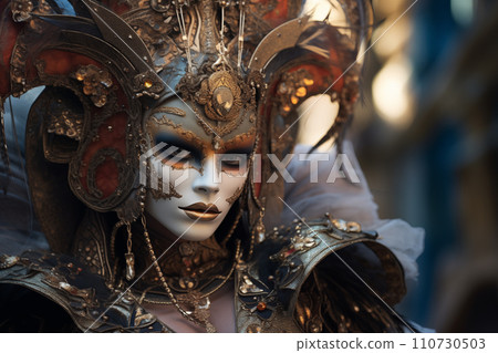 Elegant Person in Vibrant Carnival Costume and Mask at Venice Festival Elegant Person in Vibrant Carnival Costume and Mask at Venice Festival 110730503