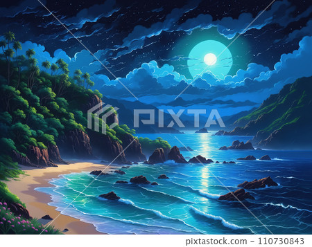 Full moon over ocean and rocky shoreline 110730843