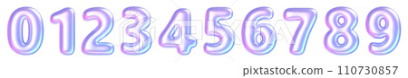 Holographic balloon number. 3D render illustration set of cartoon purple and pink gradient chrome glossy inflatable numbers for creating sale discount or birthday and anniversary congratulation text. 110730857