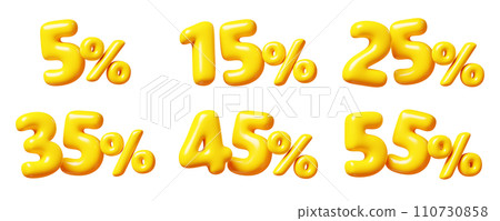 Balloon number with percent sign for sale concept. 3d render illustration set of yellow plastic glossy discount typography. Cartoon bubble element percentage off for special offer promotion. 110730858