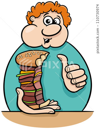 cartoon man character eating a big cheeseburger cartoon man character eating a big cheeseburger 110730974