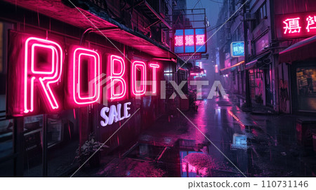 Neon store sign of Robot Sale on grungy city street in rain at night, dark gloomy buildings with red, purple and blue light. Concept of dystopia, cyberpunk, anime and future Neon store sign of Robot Sale on grungy city street in rain at night, dark gloomy buildings with red, purple and blue light. Concept of dystopia, cyberpunk, anime and future 110731146