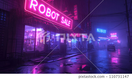 Neon store sign of Robot Sale on dark city street in rain at night, gloomy deserted buildings with purple and blue light. Concept of dystopia, cyberpunk, anime, technology and future 110731147