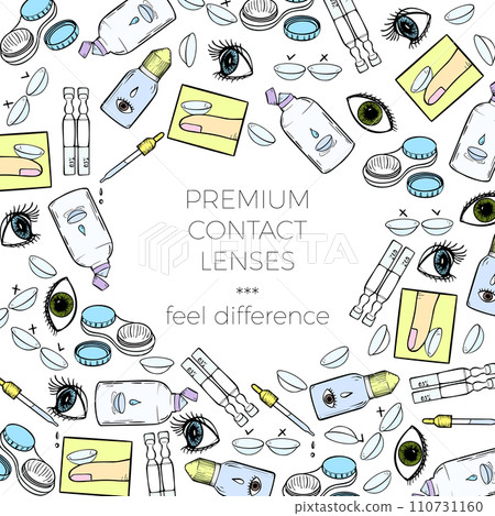 Contact lenses banner for ophthalmology clinic or lenses shop advertising. Vector design template with cartoon eyes, lenses and health care products. 110731160