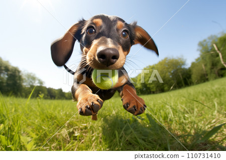 Curious Dachshund Puppy Playing the Great Outdoors 110731410