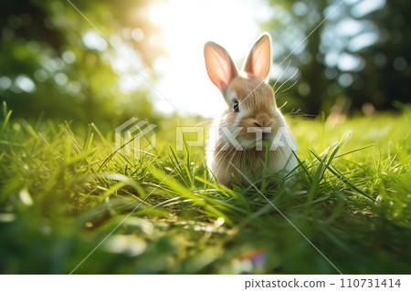 Bunny in Lush Green Field on Golden Hour 110731414