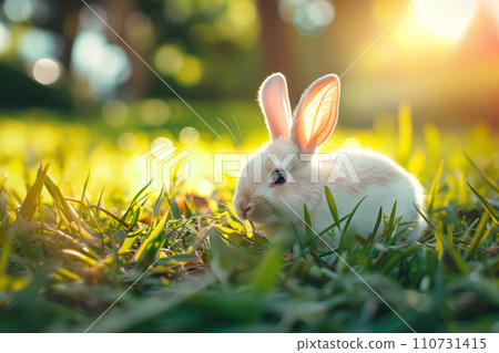 Bunny in Lush Green Field on Golden Hour 110731415