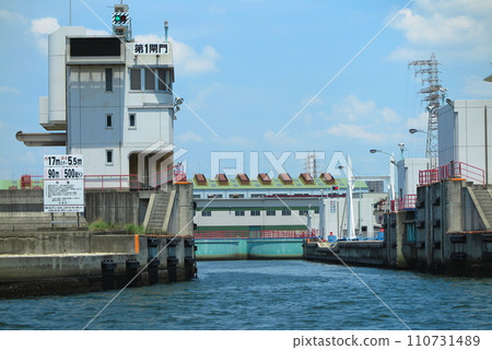 A rare Panama Canal style lock in Japan, ``Ama Lock'', the first gate seen from the sea side A rare Panama Canal style lock in Japan, ``Ama Lock'', the first gate seen from the sea side 110731489