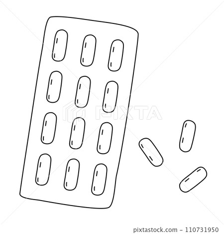 Tablets, lozenges or pills in blister package, cold and flu treatment, doodle flat vector outline 110731950