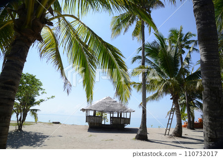 Beautiful hut and white sand beach with palm trees on a sunny, hot, and clear day. Beautiful hut and white sand beach with palm trees on a sunny, hot, and clear day. 110732017