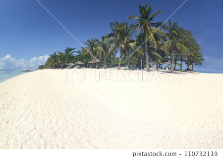 Beautiful white sand beach with palm trees on a sunny, hot, and clear day. Beautiful white sand beach with palm trees on a sunny, hot, and clear day. 110732119