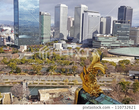 大阪城塔的 Shachihoko 和東北方向的景色 大阪城塔的 Shachihoko 和東北方向的景色 110732621