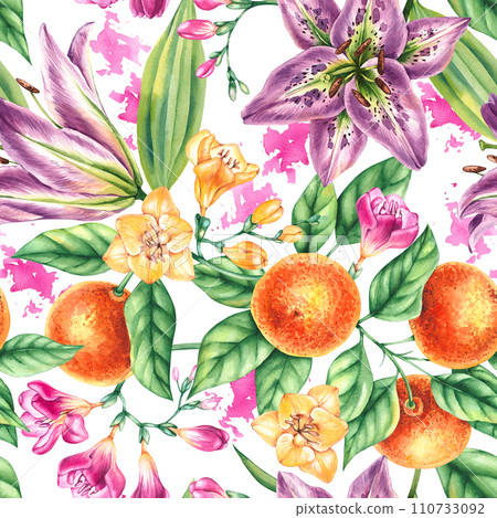 Watercolor seamless floral pattern with freesias, lilies, tangerines 110733092