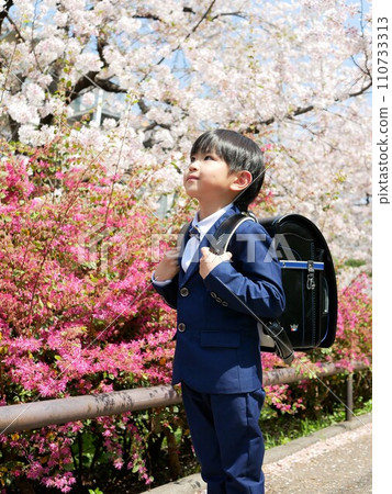 新一年級學生背著書包和櫻花 110733313