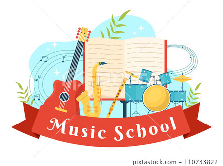 Music School Vector Illustration with Playing Various Musical Instruments, Learning Education Musicians and Singers in Flat Kids Cartoon Background 110733822