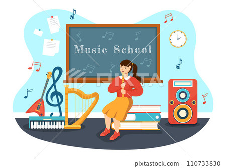 Music School Vector Illustration with Playing Various Musical Instruments, Learning Education Musicians and Singers in Flat Kids Cartoon Background Music School Vector Illustration with Playing Various Musical Instruments, Learning Education Musicians and Singers in Flat Kids Cartoon Background 110733830