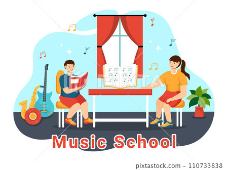 Music School Vector Illustration with Playing Various Musical Instruments, Learning Education Musicians and Singers in Flat Kids Cartoon Background Music School Vector Illustration with Playing Various Musical Instruments, Learning Education Musicians and Singers in Flat Kids Cartoon Background 110733838