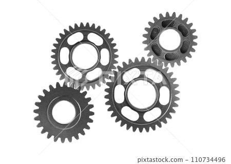 Metal gear isolated on white background for engine car and bike, teamwork business concept. Metal gear isolated on white background for engine car and bike, teamwork business concept. 110734496