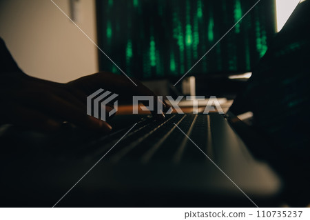 Hacker code in laptop. Cyber security, privacy or hack threat. Coder or programmer writing virus software, malware, internet attack or developing digital design. Green web data in computer screen. Hacker code in laptop. Cyber security, privacy or hack threat. Coder or programmer writing virus software, malware, internet attack or developing digital design. Green web data in computer screen. 110735237