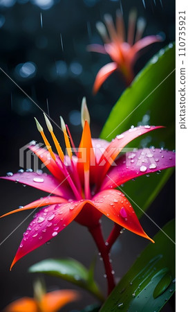 Beautiful flower with water drops in rain Beautiful flower with water drops in rain 110735921