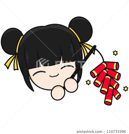 Chinese New Year, Cute Mascot Kid with Black Hair Holding Firecrackers, Fireworks, and Cartoon illustration. Chinese New Year, Cute Mascot Kid with Black Hair Holding Firecrackers, Fireworks, and Cartoon illustration. 110735996