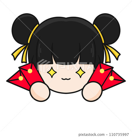 Chinese New Year, Cute Mascot Kid with Black Hair Holding Red Envelopes, Hongbao, and Cartoon illustration. Chinese New Year, Cute Mascot Kid with Black Hair Holding Red Envelopes, Hongbao, and Cartoon illustration. 110735997