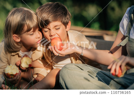 Cute little boys eating, enjoying tasty apples in garden. Organic fruits, home Cute little boys eating, enjoying tasty apples in garden. Organic fruits, home 110736165