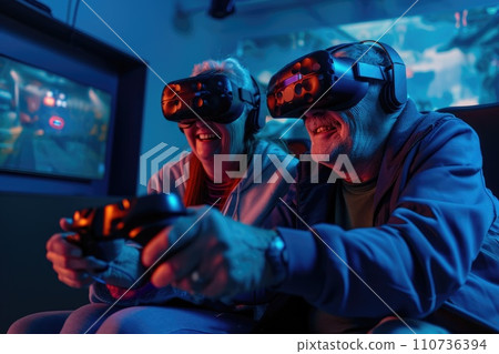 AI-generated content. senior people playing vr game in lounge room pragma 110736394