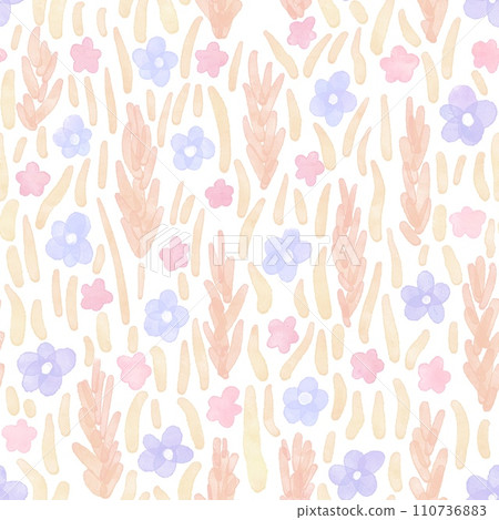 Hand drawn seamless pattern of watercolor tiny ditsy flowers. Blue yellow orange floral print on light pastel background, vintage retro minimalist style, small daisy nature art, spring summer garden 110736883