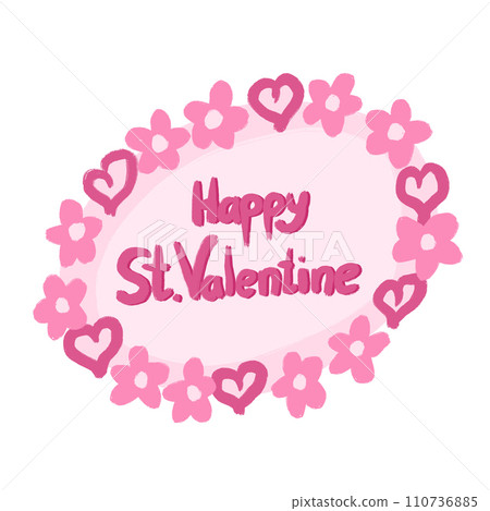 Hand drawn pink Valentine frame with hearts flowers. Round oval poster greeting, romantic love card invitation, St Valentines day art print, holiday celebration background. 110736885