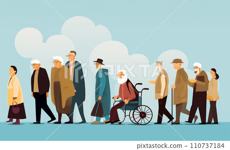 AI-generated image of many elderly people walking 110737184