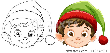 Festive Elf Illustration in Color and Outline 110737531