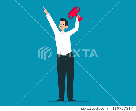 Young person with cup in hand celebrates success. Success factors vector concept Young person with cup in hand celebrates success. Success factors vector concept 110737817