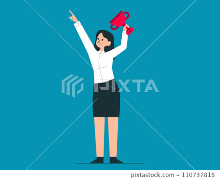 Young person with cup in hand celebrates success. Success factors vector concept Young person with cup in hand celebrates success. Success factors vector concept 110737818