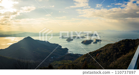 Kurushima Kaikyo Bridge viewed from Kirosan Observation Park Kurushima Kaikyo Bridge viewed from Kirosan Observation Park 110737897
