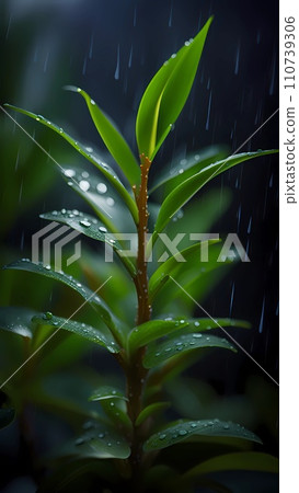 Close up of green leaves with water drops under rain fall Close up of green leaves with water drops under rain fall 110739306