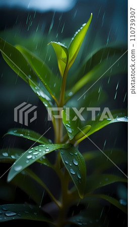 Close up of green leaves with water drops under rain fall Close up of green leaves with water drops under rain fall 110739307