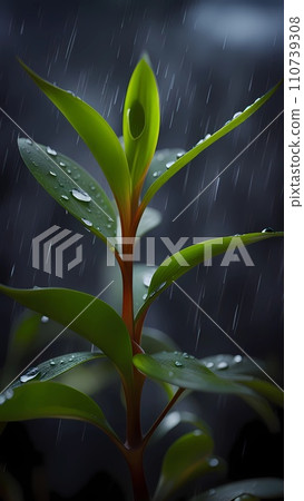 Close up of green leaves with water drops under rain fall Close up of green leaves with water drops under rain fall 110739308