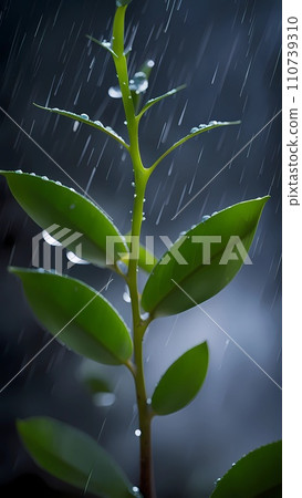 Close up of green leaves with water drops under rain fall Close up of green leaves with water drops under rain fall 110739310
