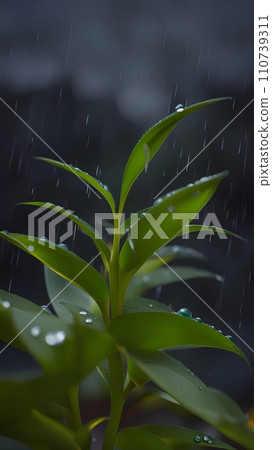 Close up of green leaves with water drops under rain fall Close up of green leaves with water drops under rain fall 110739311