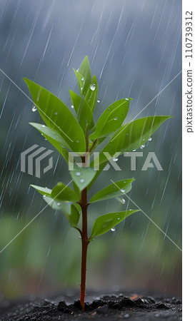 Close up of green leaves with water drops under rain fall Close up of green leaves with water drops under rain fall 110739312