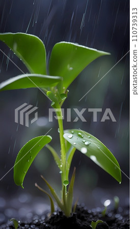 Close up of green leaves with water drops under rain fall Close up of green leaves with water drops under rain fall 110739313