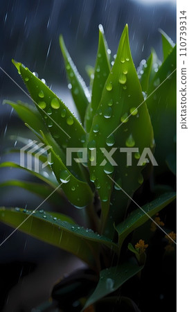 Close up of green leaves with water drops under rain fall Close up of green leaves with water drops under rain fall 110739314