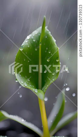 Close up of green leaves with water drops under rain fall Close up of green leaves with water drops under rain fall 110739315