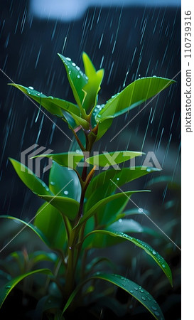 Close up of green leaves with water drops under rain fall Close up of green leaves with water drops under rain fall 110739316