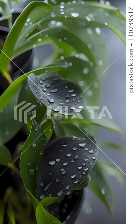 Close up of green leaves with water drops under rain fall Close up of green leaves with water drops under rain fall 110739317