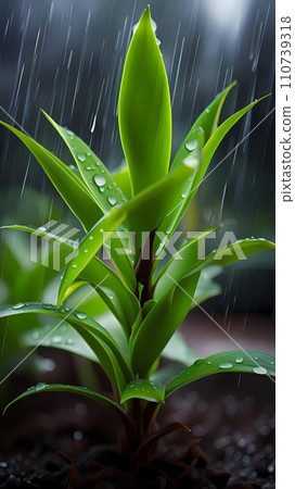 Close up of green leaves with water drops under rain fall Close up of green leaves with water drops under rain fall 110739318